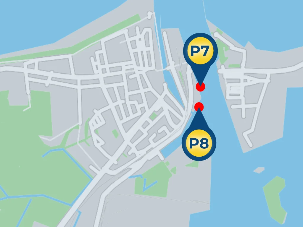 Übersichtskarte Hafen Rostock-Warnemünde mit Kreuzfahrt-Terminals P7 und P8 für die Orientierung - Hafen-Parken