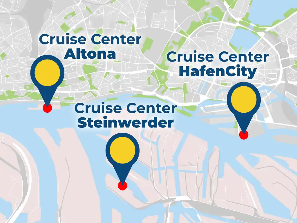 Übersichtskarte der drei Hamburger Kreuzfahrtterminals Altona, Steinwerder und HafenCity.