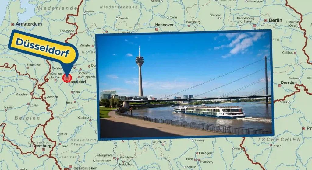 Der Hafen Düsseldorf am Rhein auf der Karte markiert.