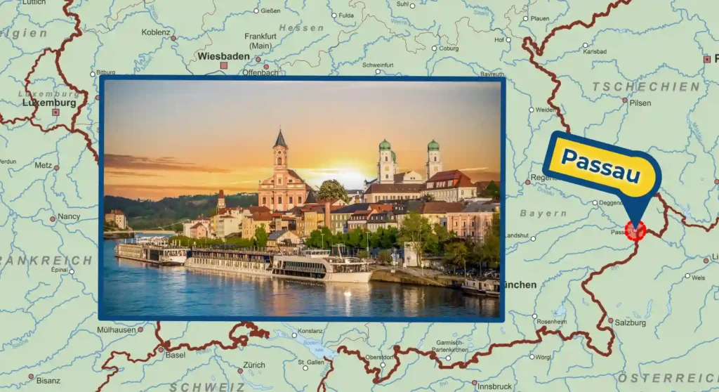 Donanhafen Passau auf der Karte von Hafen-Parken mit Foto von Schiffen vor der Altstadt.